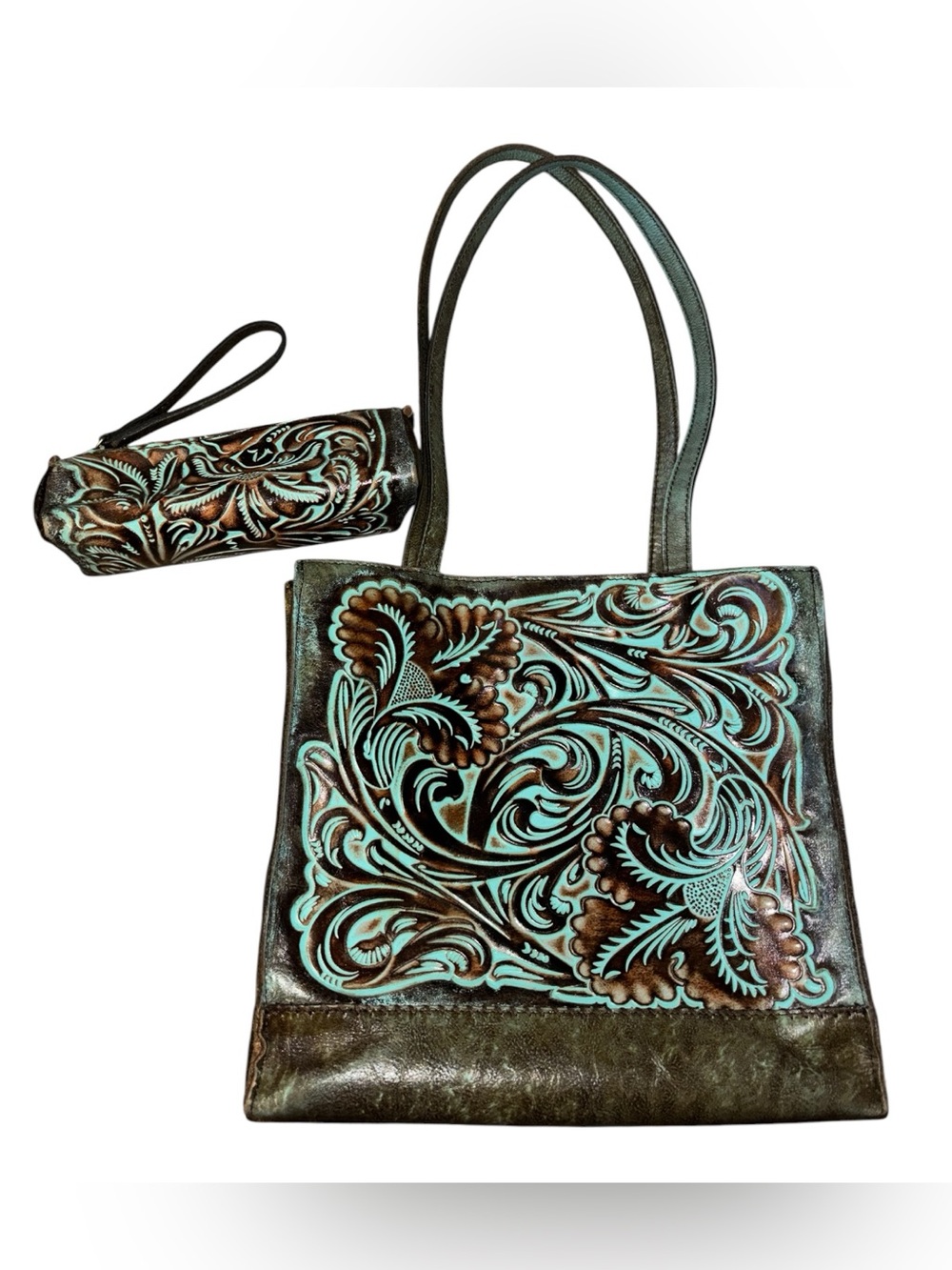 Patricia Nash Genuine Leather Turquoise Tooled Tote and wristlet
